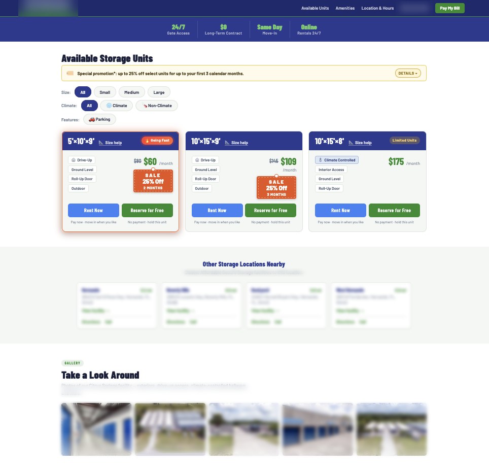 A storage facility website we built: filter chips for size, climate and features above a row of unit cards, each showing its own price, promotion and availability, with Rent Now and Reserve for Free beside every unit.